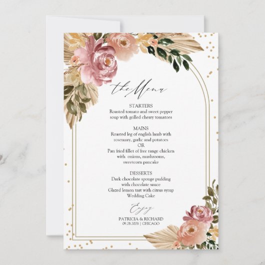 Chic Boho Bloemen Bruiloft Menu Kaart (Voorkant)