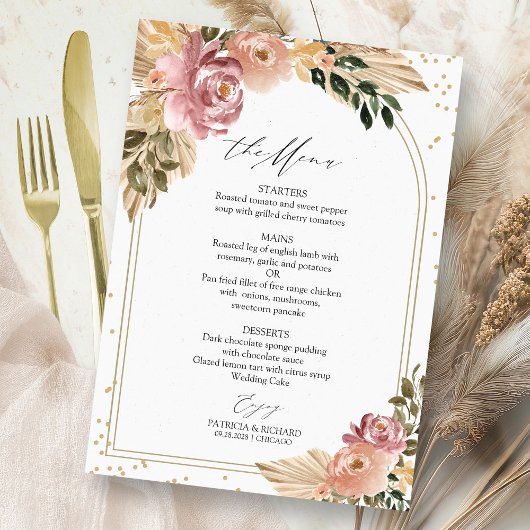 Chic Boho Bloemen Bruiloft Menu Kaart