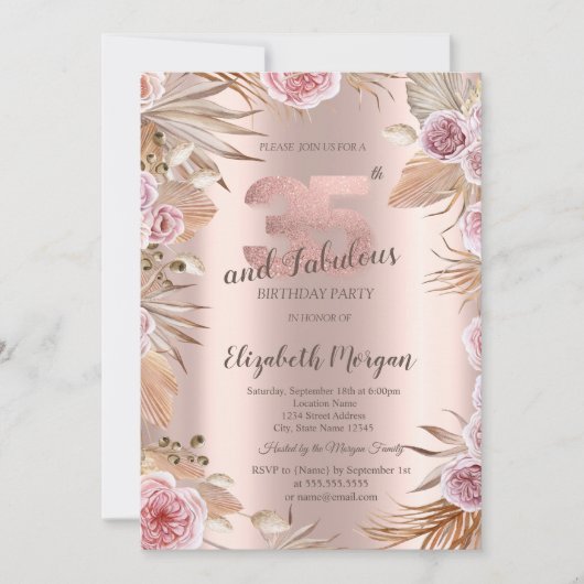 Chic Boho Bloemen Roze Goud 35e Verjaardag Kaart (Voorkant)