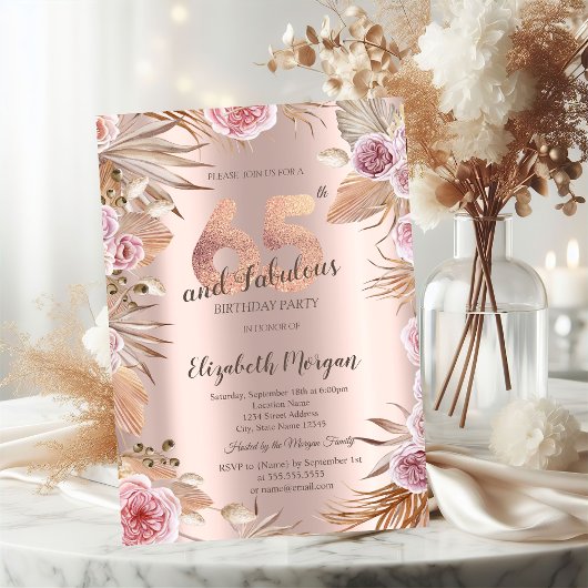 Chic Boho Bloemen Roze Goud 65e Verjaardag Kaart