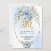 Chic Boho Blue Hydrangea Floral Gold 90th Birthday Kaart (Voorkant)