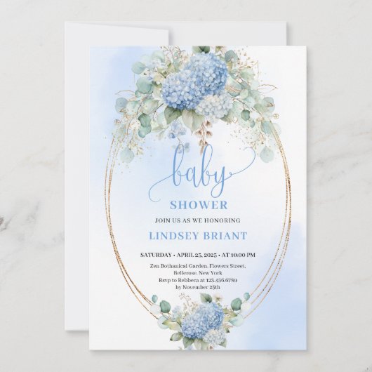 Chic Boho Blue Hydrangeas Baby Shower Invitation Kaart (Voorkant)