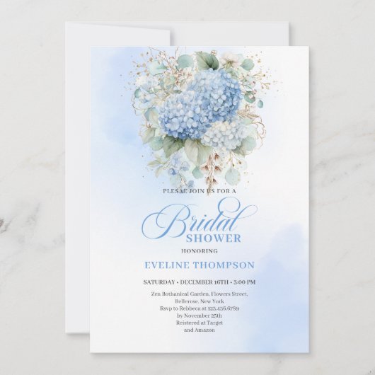 Chic Boho Blue Hydrangeas Bridal Shower Invitation Kaart (Voorkant)