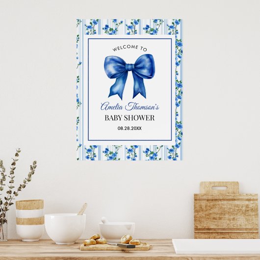Chic Boho Blue Wildflower Boy floral Baby Shower Poster (Keuken)