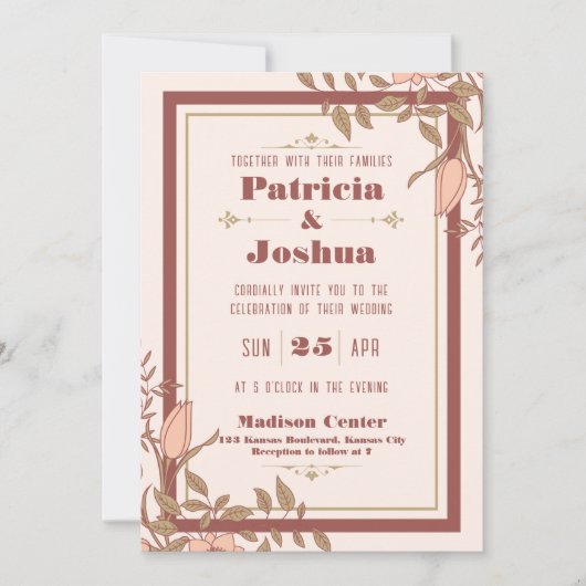 Chic Boho Blush Beige Retro Huwelijksuitnodiging Kaart (Voorkant)