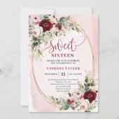 Chic Boho Blush Burgundy Rose Sweet 16 Invitation Kaart (Voorkant)