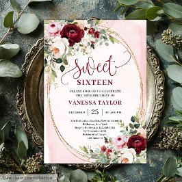 Chic Boho Blush Burgundy Rose Sweet 16 Invitation Kaart