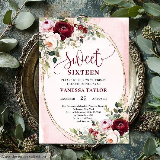 Chic Boho Blush Burgundy Rose Sweet 16 Invitation Kaart