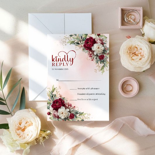 Chic Boho Blush Gold Flowers Wedding RSVP Kaartje