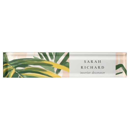Chic Boho Blush Green Tropical Palm Leaves Beach Naambordje (Voorkant)