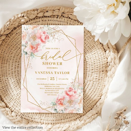 Chic Boho Blush Pink Gold Glitter Bridal Shower   Kaart