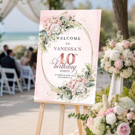 Chic Boho Blush Roze Bloem 40e Verjaardag Welkom Poster