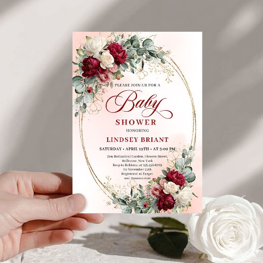 Chic Boho Burgundy and Gold Baby Shower Invite Kaart