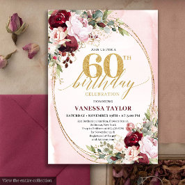 Chic Boho Burgundy Blush Floral 60th Birthday Kaart