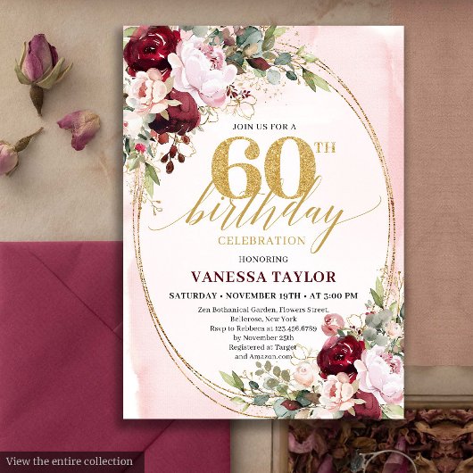 Chic Boho Burgundy Blush Floral 60th Birthday Kaart