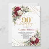 Chic Boho Burgundy Blush Floral Gold 90th Birthday Kaart (Voorkant)