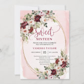 Chic Boho Burgundy Blush Floral Gold Sweet Sixteen Kaart (Voorkant)