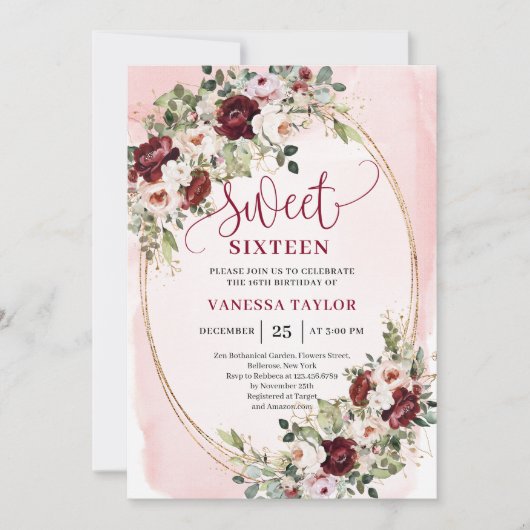 Chic Boho Burgundy Blush Floral Gold Sweet Sixteen Kaart (Voorkant)