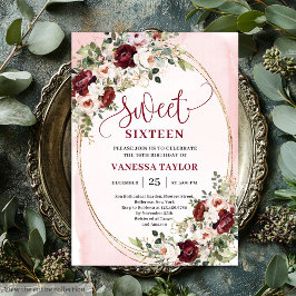 Chic Boho Burgundy Blush Floral Gold Sweet Sixteen Kaart