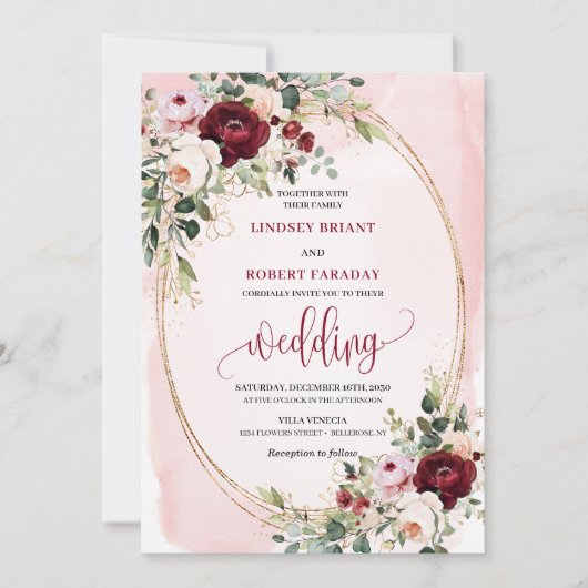 Chic Boho Burgundy Blush Gold Floral Invitation Kaart (Voorkant)