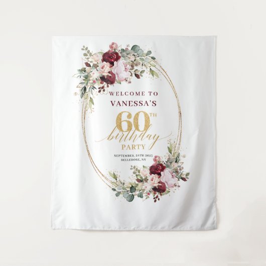 Chic Boho Burgundy Gold Eucalyptus 60th Backdrop Wandkleed (Voorkant)