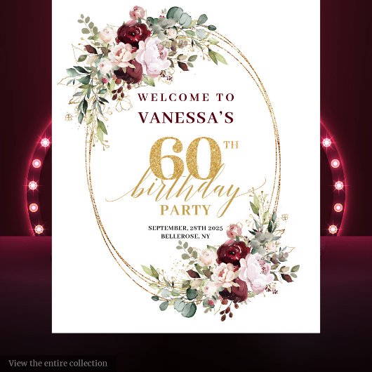 Chic Boho Burgundy Gold Eucalyptus 60th Backdrop Wandkleed