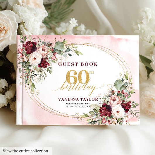 Chic Boho Burgundy Gold Frame Floral 60th Birthday Gastenboek