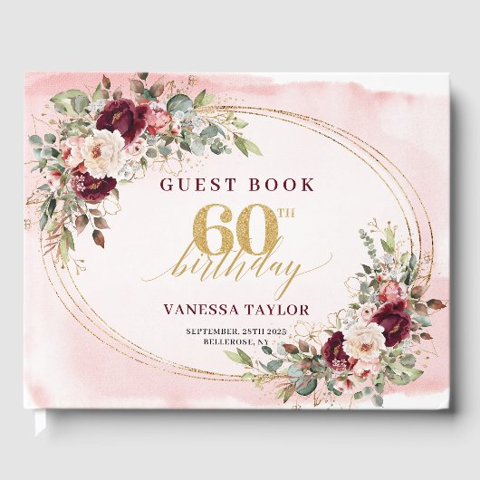Chic Boho Burgundy Gold Roses 60th Birthday Book Gastenboek (Voorkant)