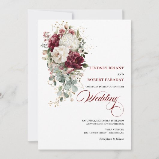 Chic Boho Burgundy White Floral Wedding Invitation Kaart (Voorkant)