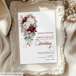 Chic Boho Burgundy White Floral Wedding Invitation Kaart