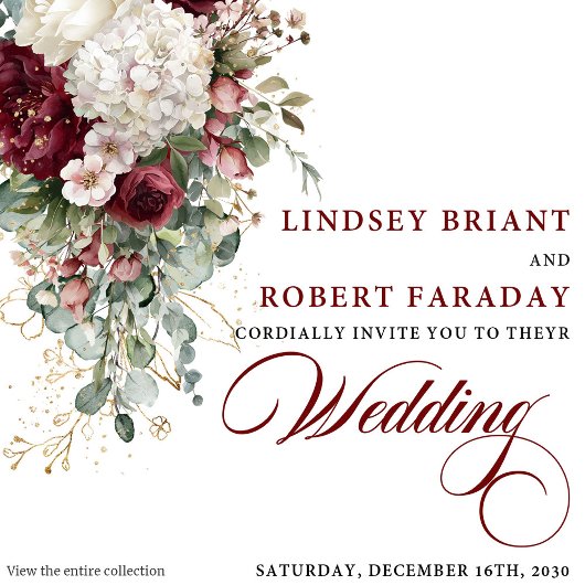 Chic Boho Burgundy White Floral Wedding Invitation Kaart