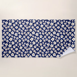 Chic Boho Daisies Dark Blue Pattern Pillow Hoesje Strandlaken