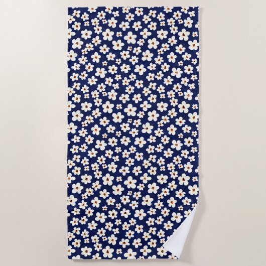 Chic Boho Daisies Dark Blue Pattern Pillow Hoesje Strandlaken (Voorkant)