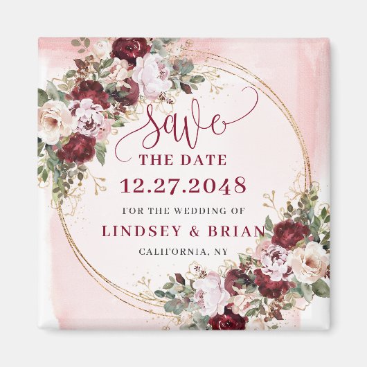 Chic Boho Deep Red Blush Gold Floral Save the Date Magneet (Voorkant)
