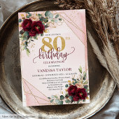 Chic Boho Deep Red Gold Flowers 80th Birthday Kaart