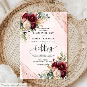 Chic Boho Diep Rood Goud Witte Bloemen Huwelijk Kaart