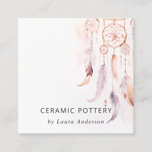 Chic Boho Dreamcatcher Waterverf QR-code Vierkante Visitekaartje (Voorkant)