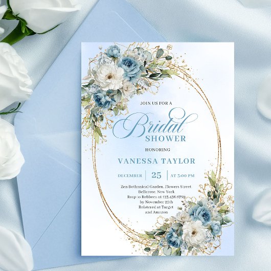 Chic Boho Dusty Blue Greenery Floral Bridal Shower Kaart