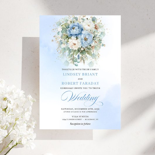 Chic Boho Dusty Blue Peony Floral Gold Wedding Kaart