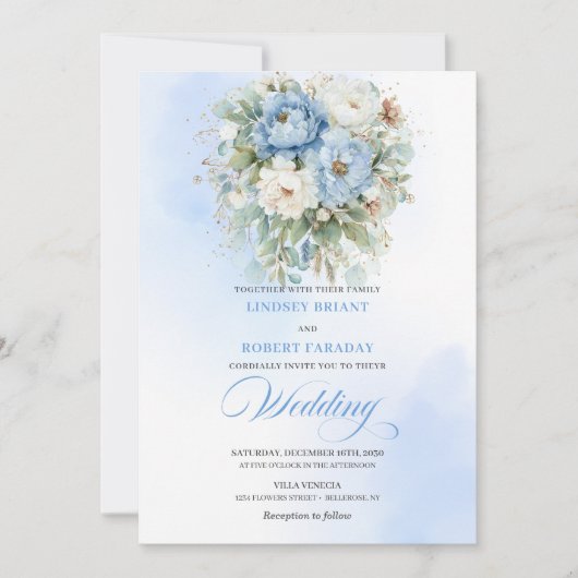 Chic Boho Dusty Blue Peony Floral Gold Wedding Kaart (Voorkant)