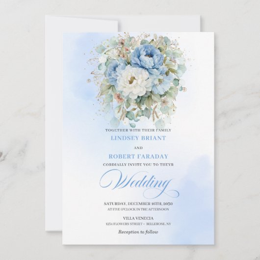 Chic Boho Dusty Blue Peony Gold Wedding Invitation Kaart (Voorkant)