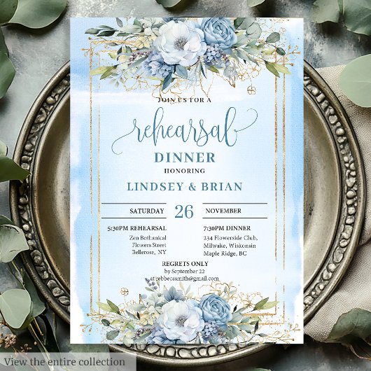 Chic Boho Dusty Blue White Peony Rehearsal Dinner Kaart
