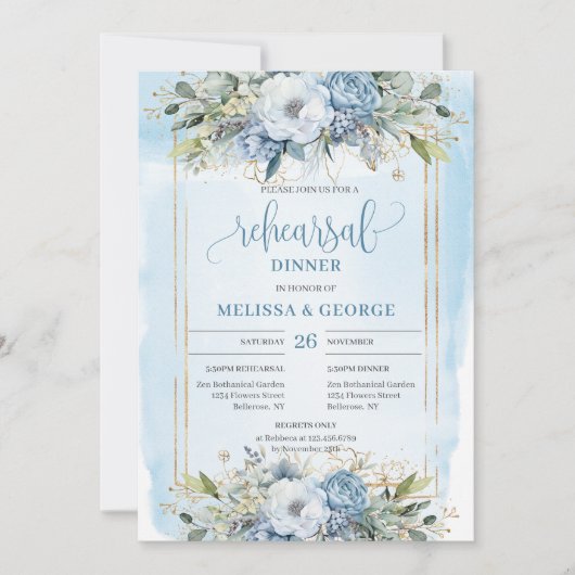 Chic Boho Dusty Blue White Peony Rehearsal Dinner Kaart (Voorkant)