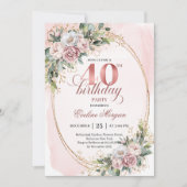Chic Boho Dusty Pink Floral 40th Birthday Invite Kaart (Voorkant)