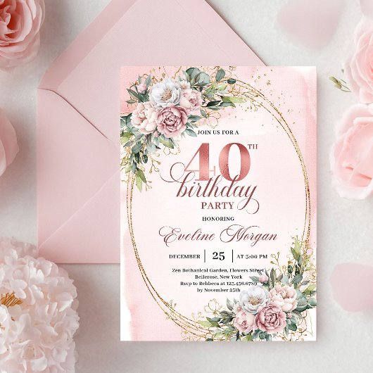 Chic Boho Dusty Pink Floral 40th Birthday Invite Kaart