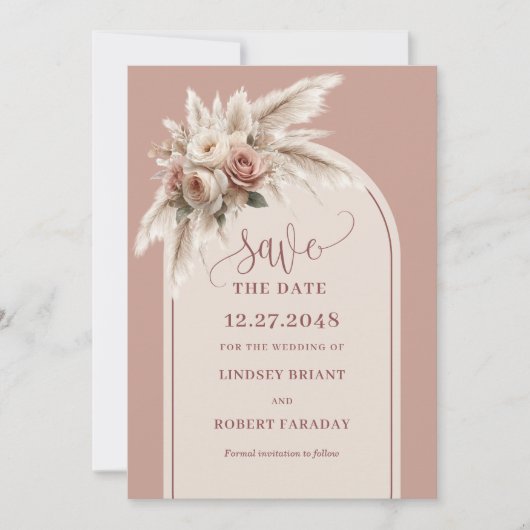 Chic Boho Dusty Pink Floral Arch Save the Date Kaart (Voorkant)