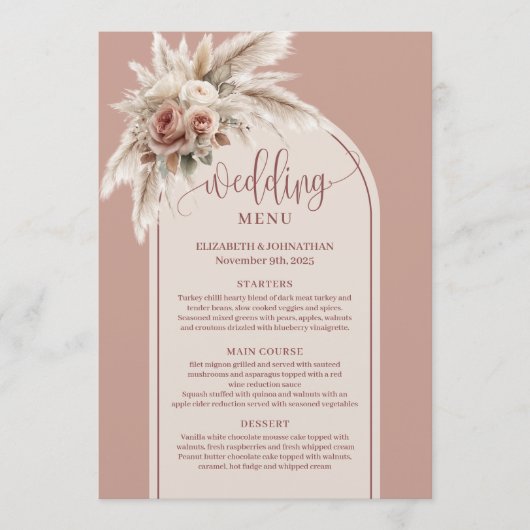 Chic Boho Dusty Pink Pampas Floral Wedding Menu (Voorkant)