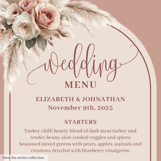 Chic Boho Dusty Pink Pampas Floral Wedding Menu