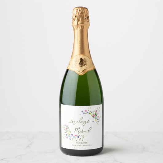 Chic boho eenvoudige wilde bloemen bruiloft sparkling wijnetiket (Voorkant)