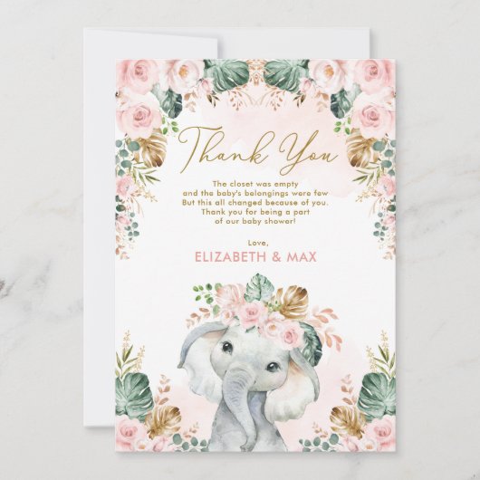 Chic Boho Elephant Blush Pink Floral Baby shower Bedankkaart (Voorkant)